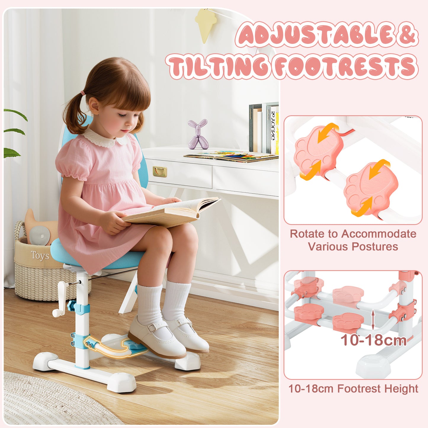 Pink Kids Ergonomic Chair | Adjustable Height & Double Backrest