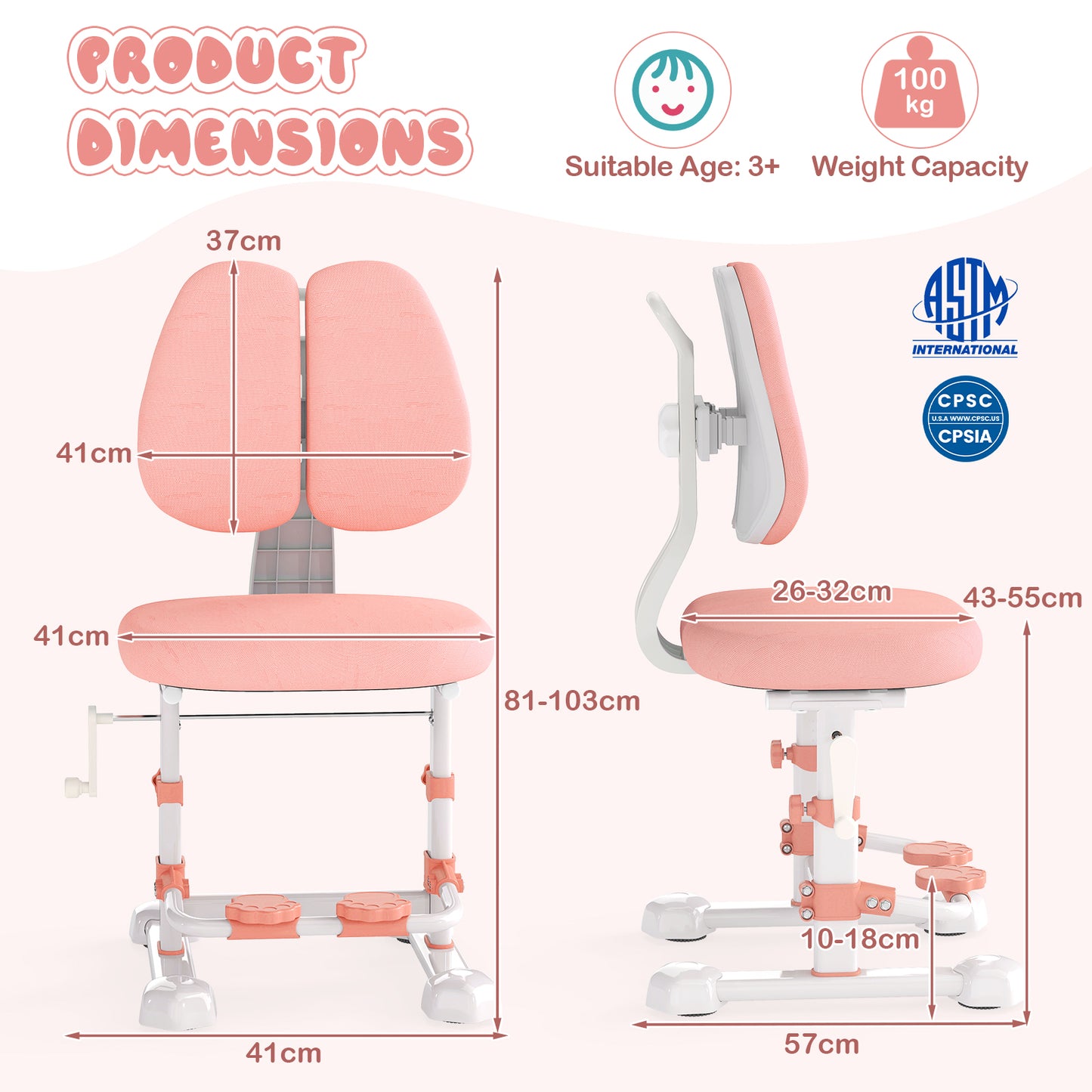 Pink Kids Ergonomic Chair | Adjustable Height & Double Backrest