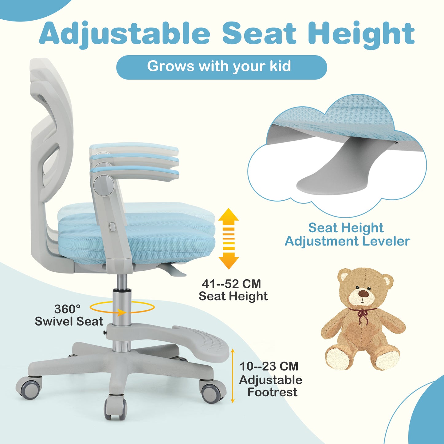 Kids Adjustable Height Swivel Desk Chair Blue | Ergonomic Mesh