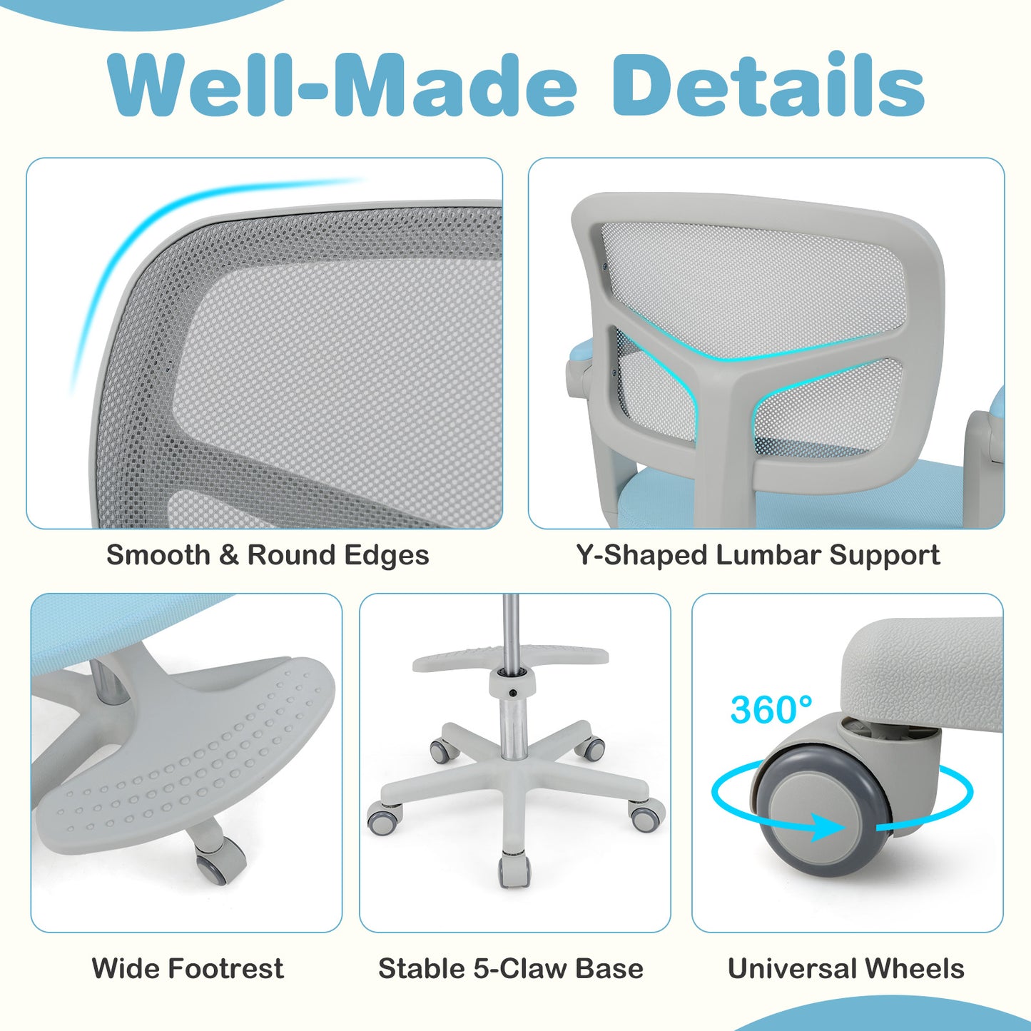 Kids Adjustable Height Swivel Desk Chair Blue | Ergonomic Mesh