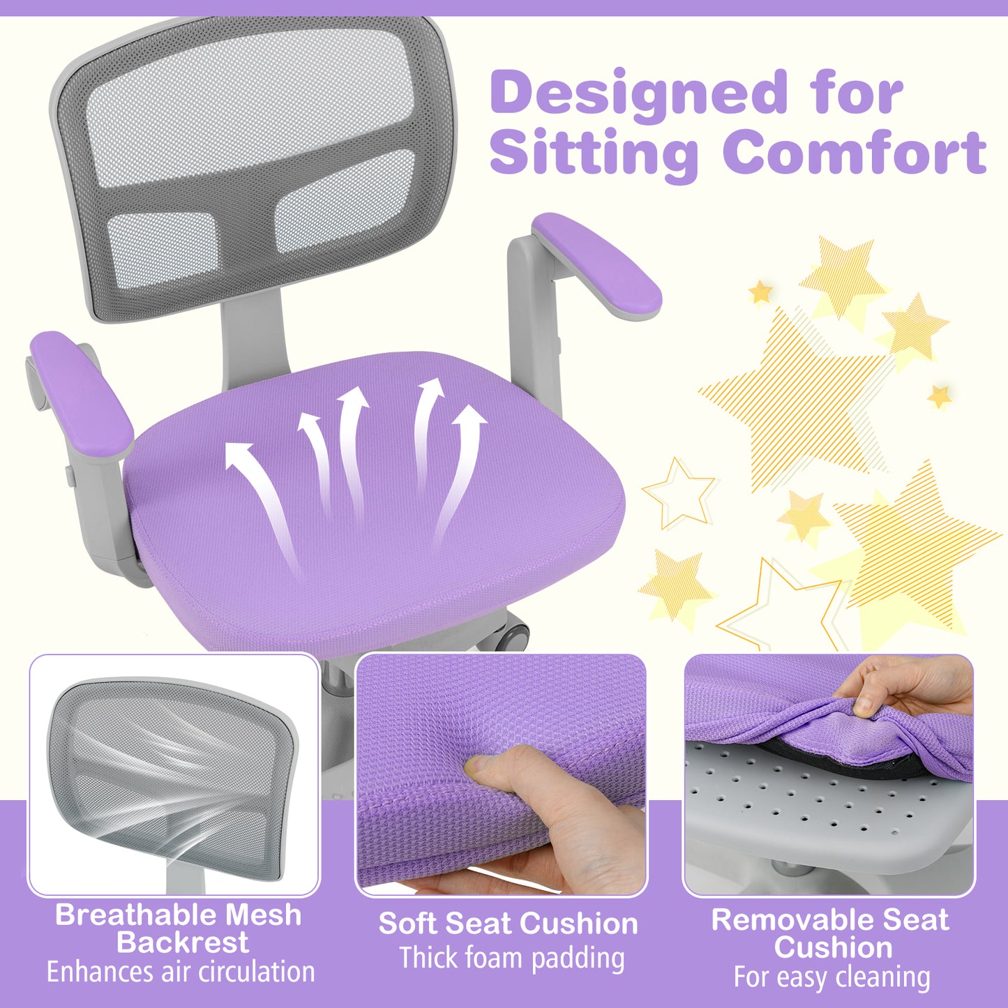 Purple Kids Desk Chair | Adjustable Height Swivel Seat Ages 3-10
