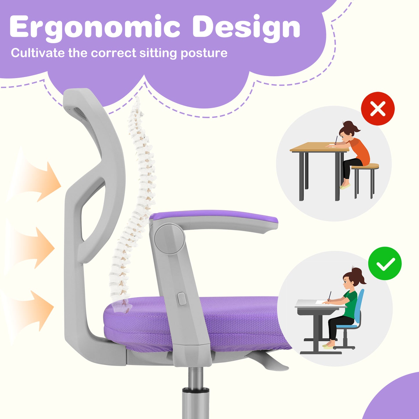 Purple Kids Desk Chair | Adjustable Height Swivel Seat Ages 3-10