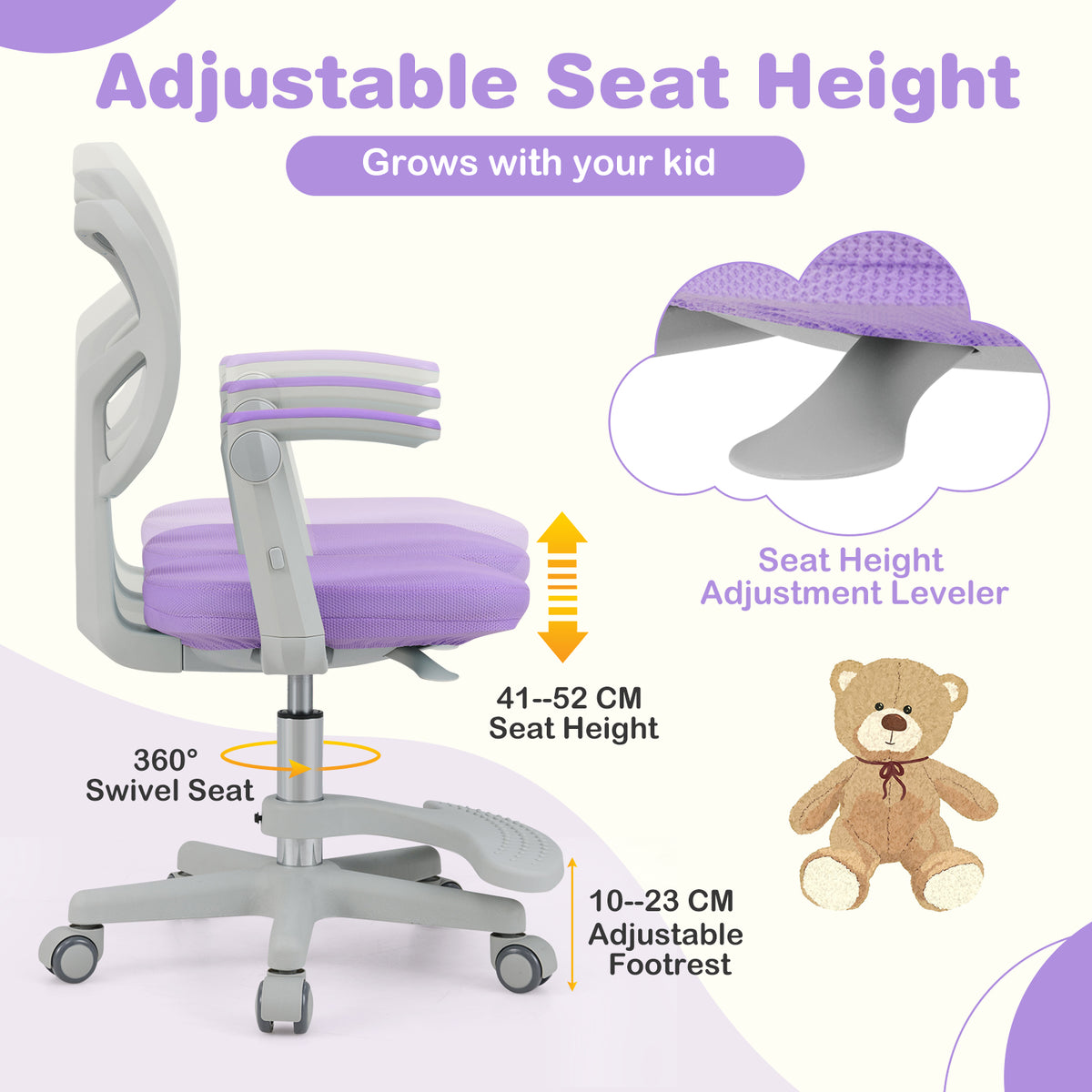 Purple Kids Desk Chair | Adjustable Height Swivel Seat Ages 3-10