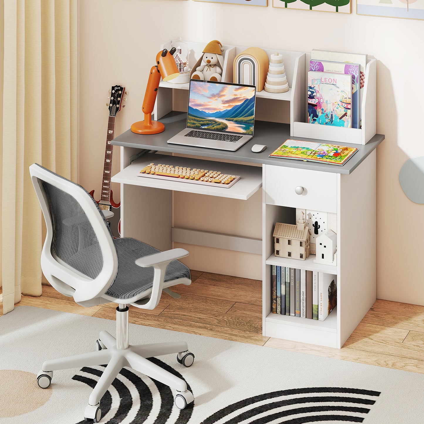 Kids Study Desk Wooden Writing Table with Keyboard Tray and Drawer-Grey