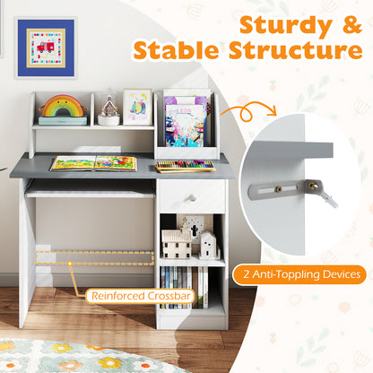 Kids Wooden Desk Grey | Storage Shelves Keyboard Tray Drawer