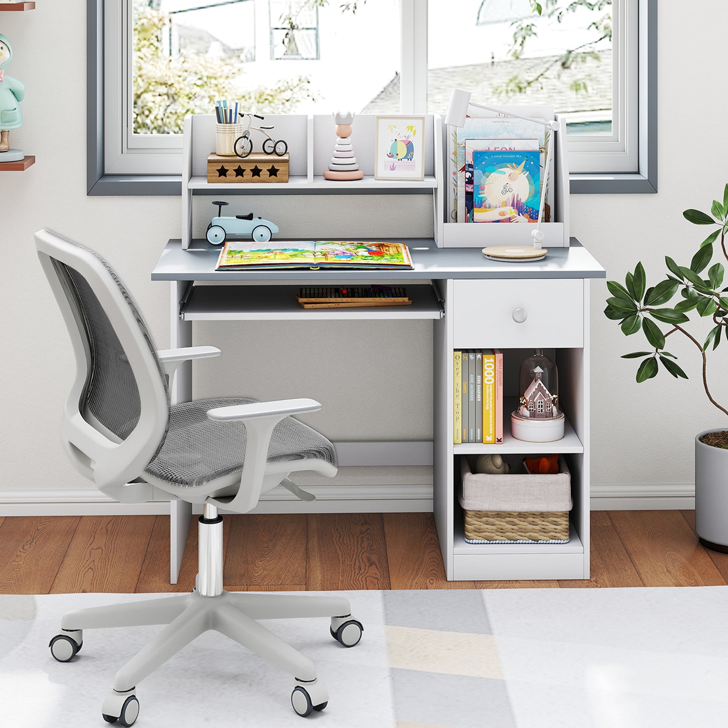 Kids Wooden Desk Grey | Storage Shelves Keyboard Tray Drawer