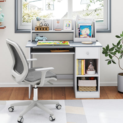 Kids Wooden Desk Grey | Storage Shelves Keyboard Tray Drawer