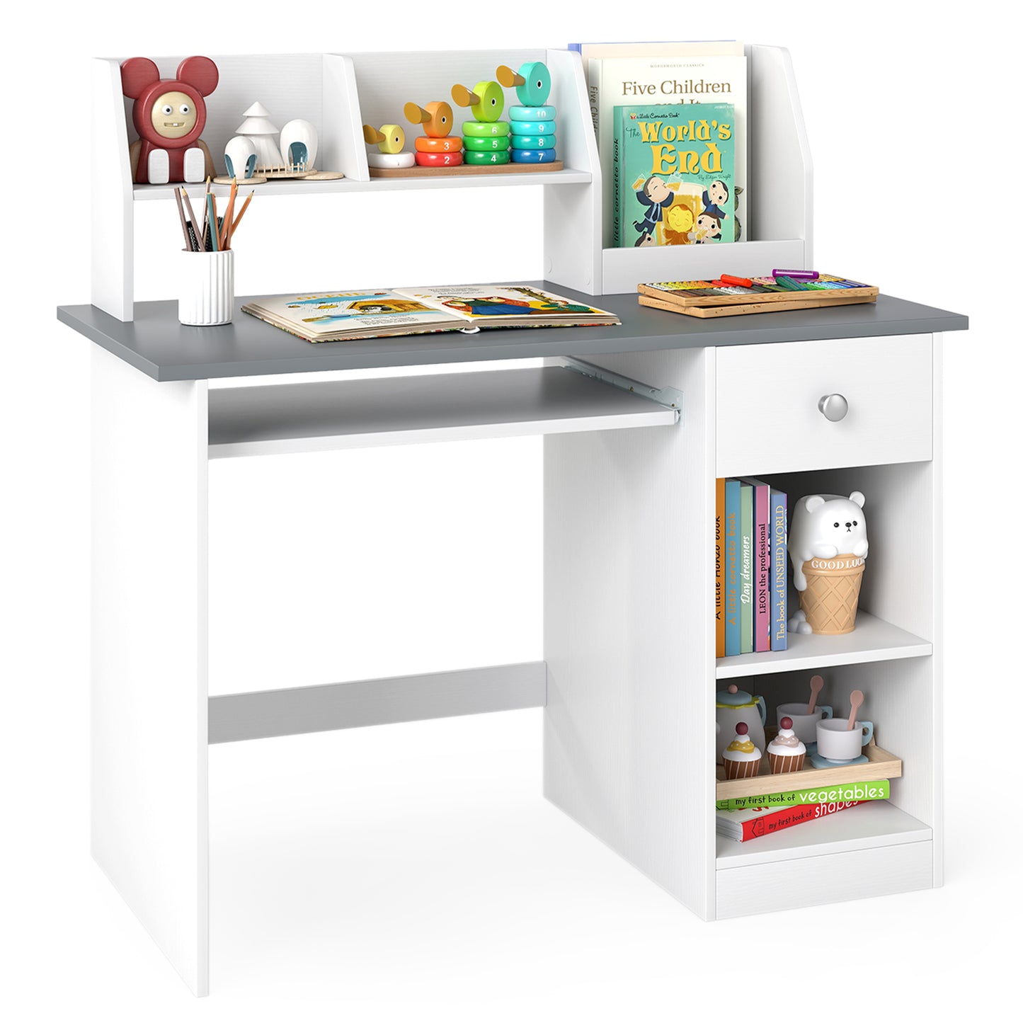 Kids Wooden Desk Grey | Storage Shelves Keyboard Tray Drawer