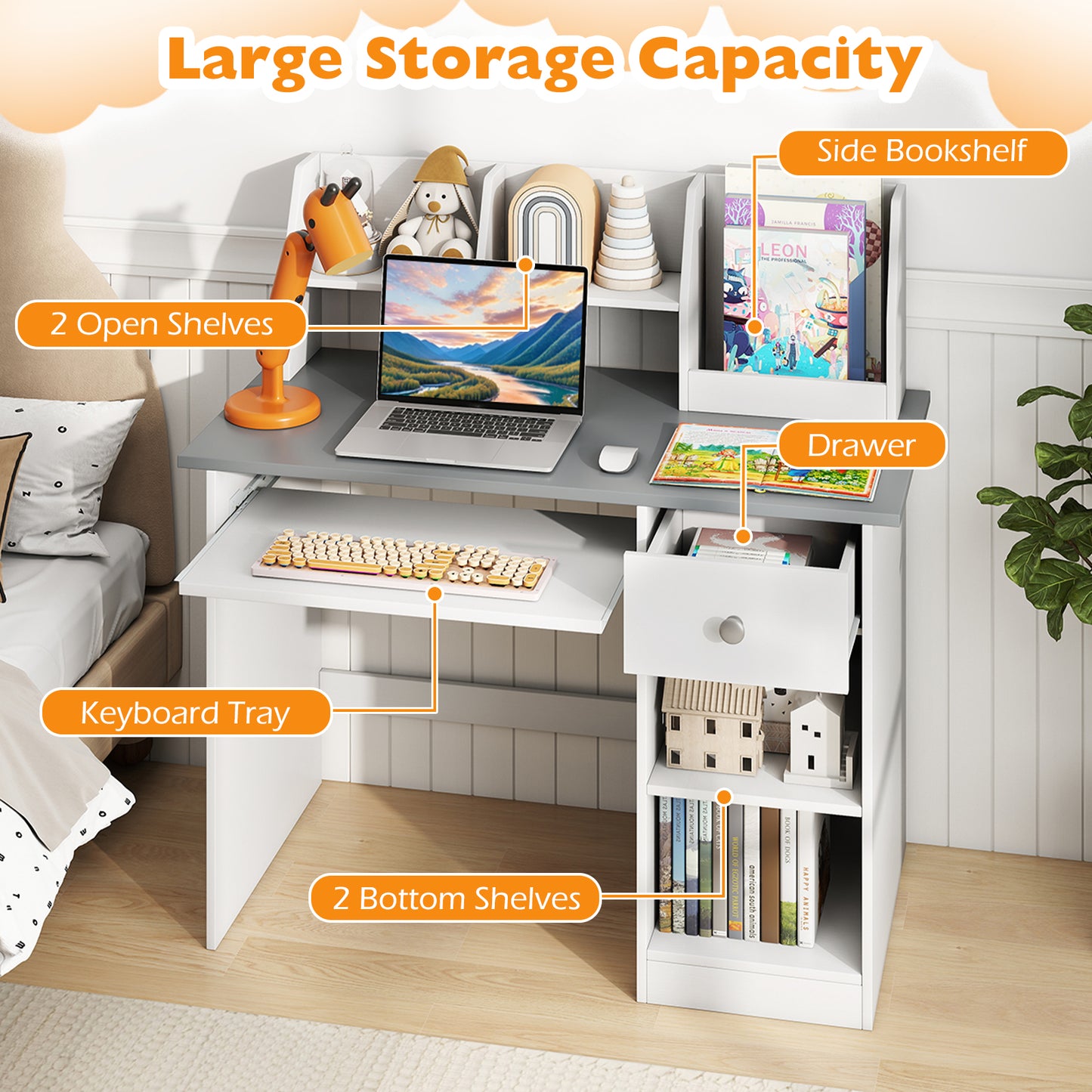 Kids Wooden Desk Grey | Storage Shelves Keyboard Tray Drawer