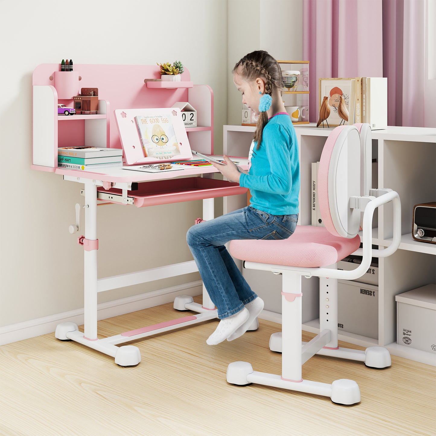 Pink Kids Desk & Chair Set | Height Adjustable with Storage