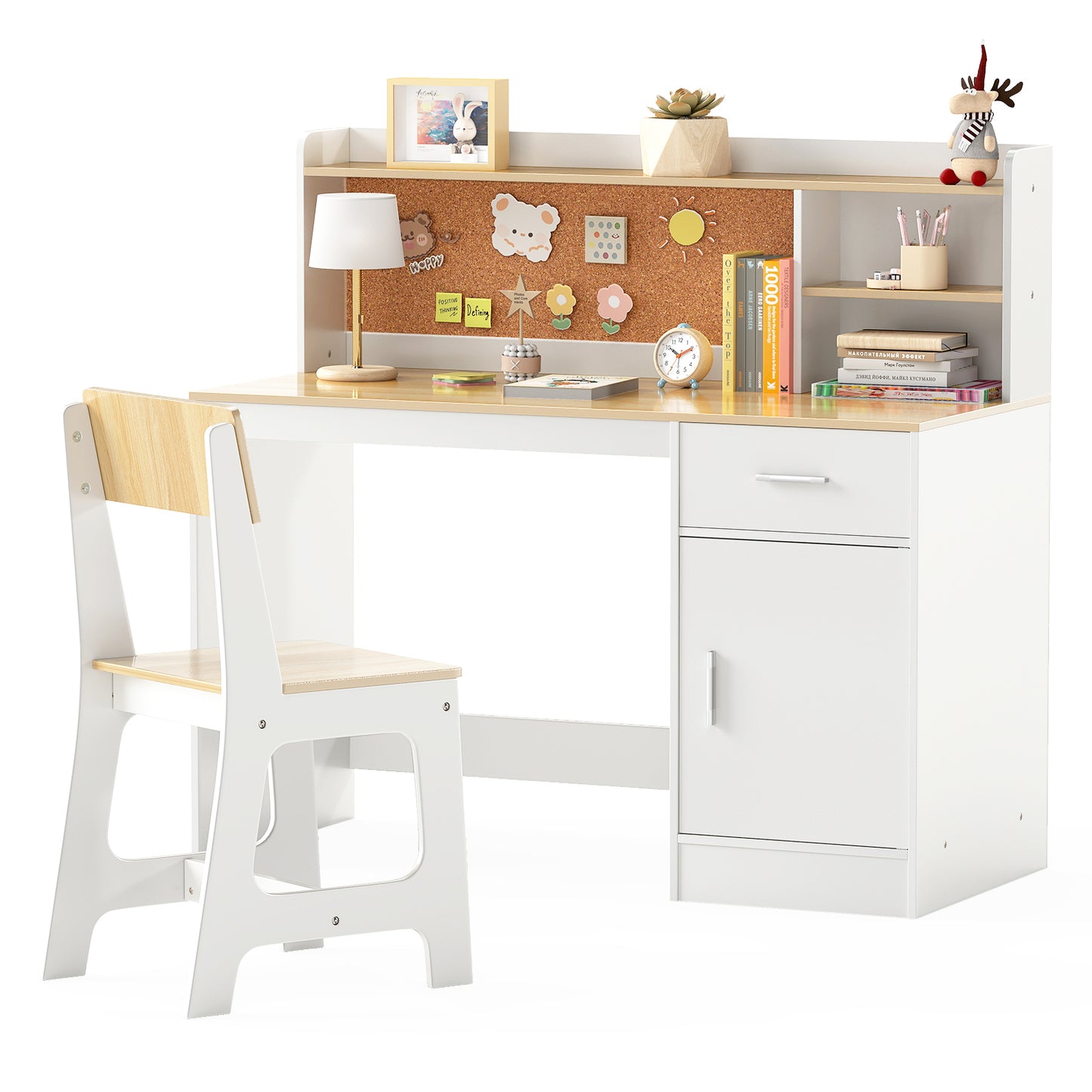 Kids Writing Desk Chair Set | Wooden Table Shelves Natural