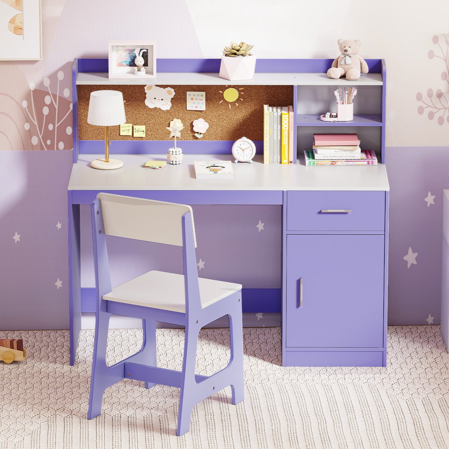 Kids Wooden Desk Chair Set with Storage Shelves Drawer Purple