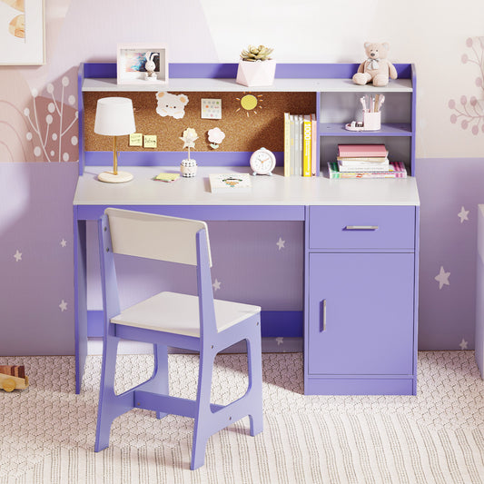 Kids Wooden Desk Chair Set with Storage Shelves Drawer Purple