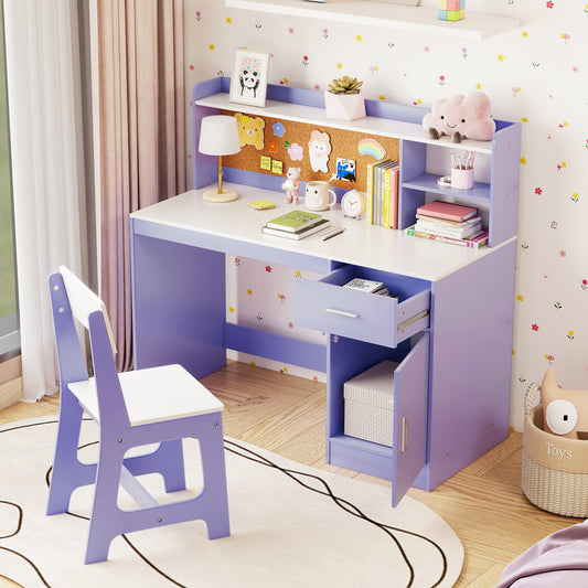 Kids Wooden Desk Chair Set with Storage Shelves Drawer Purple