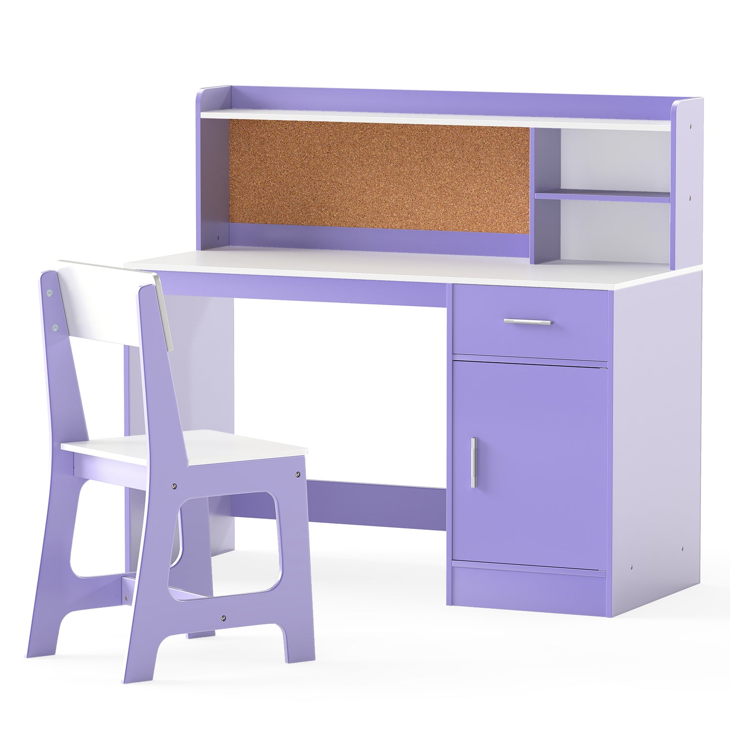 Kids Wooden Desk Chair Set with Storage Shelves Drawer Purple