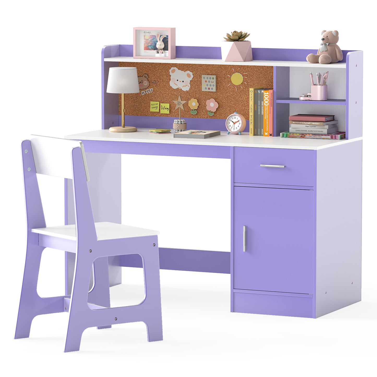 Kids Wooden Desk Chair Set with Storage Shelves Drawer Purple