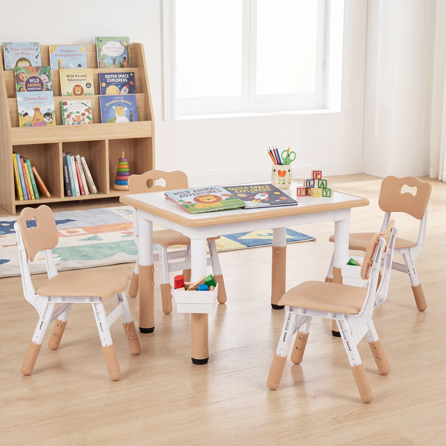 Costway Toddler Desk with Graffiti Desktop and 2 Storage Baskets for Classroom-Natural