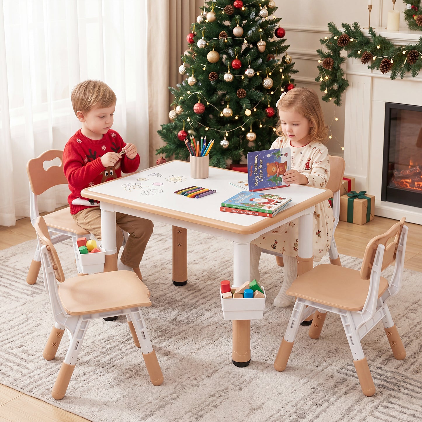 Natural Toddler Desk Set | Graffiti Top & 2 Storage Baskets