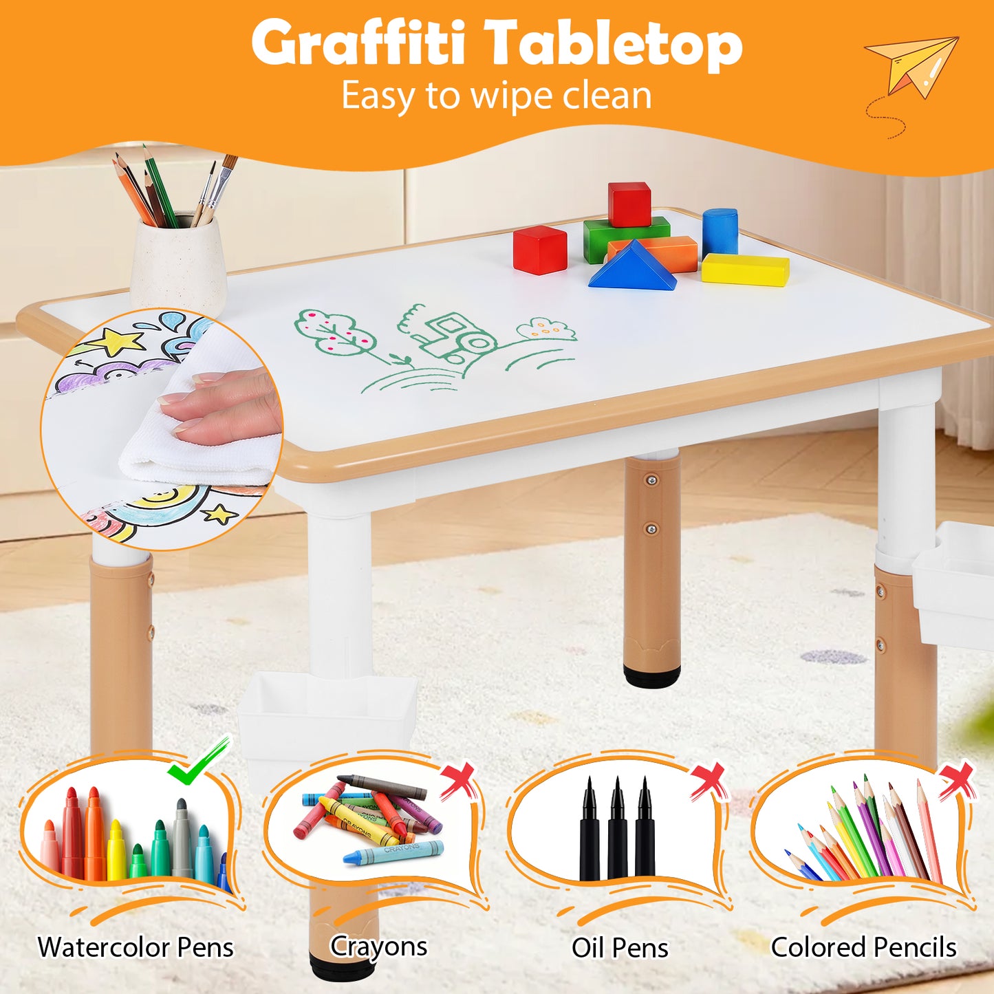 Natural Toddler Desk Set | Graffiti Top & 2 Storage Baskets