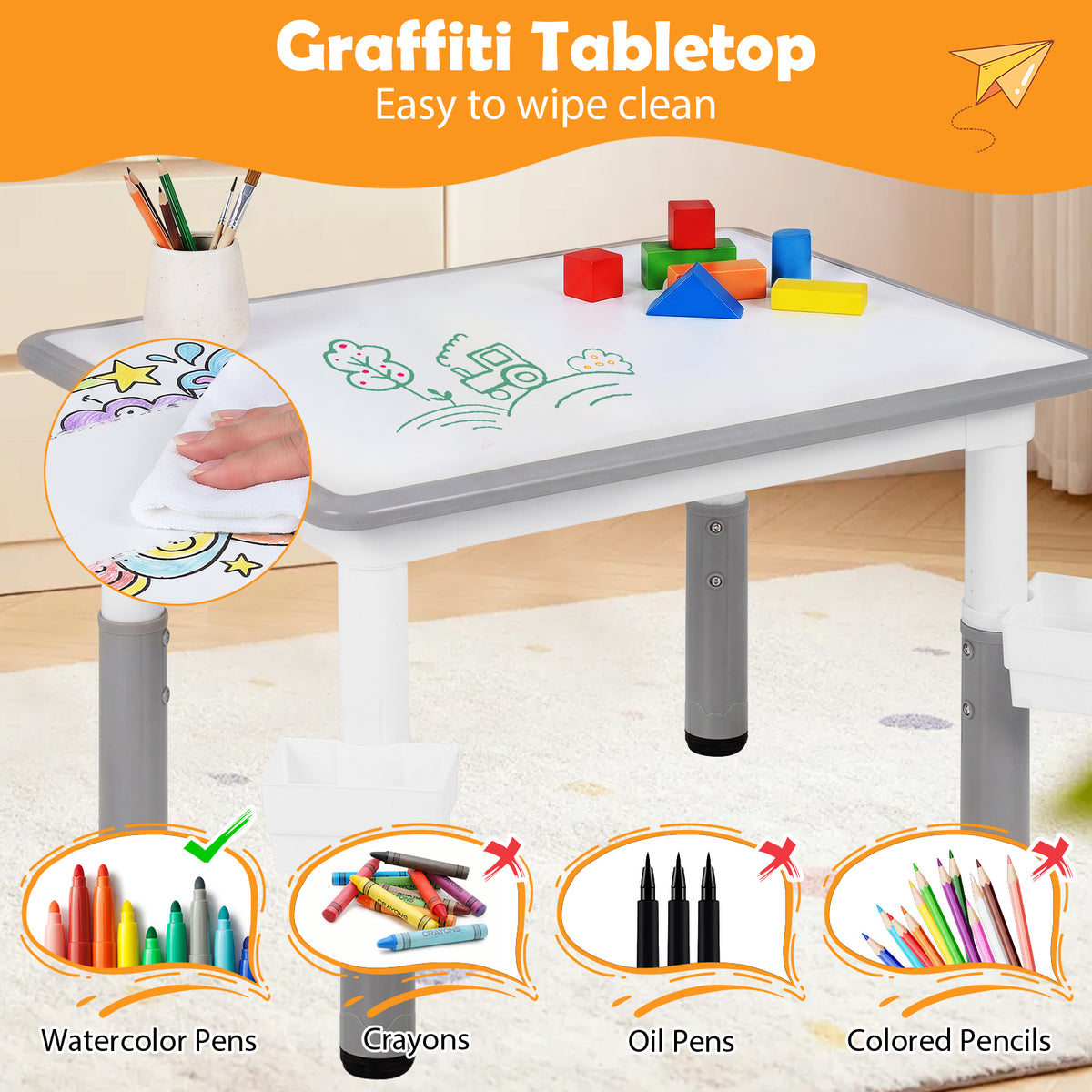 Grey Toddler Desk | Graffiti Top, 7-Level Height & 2 Baskets