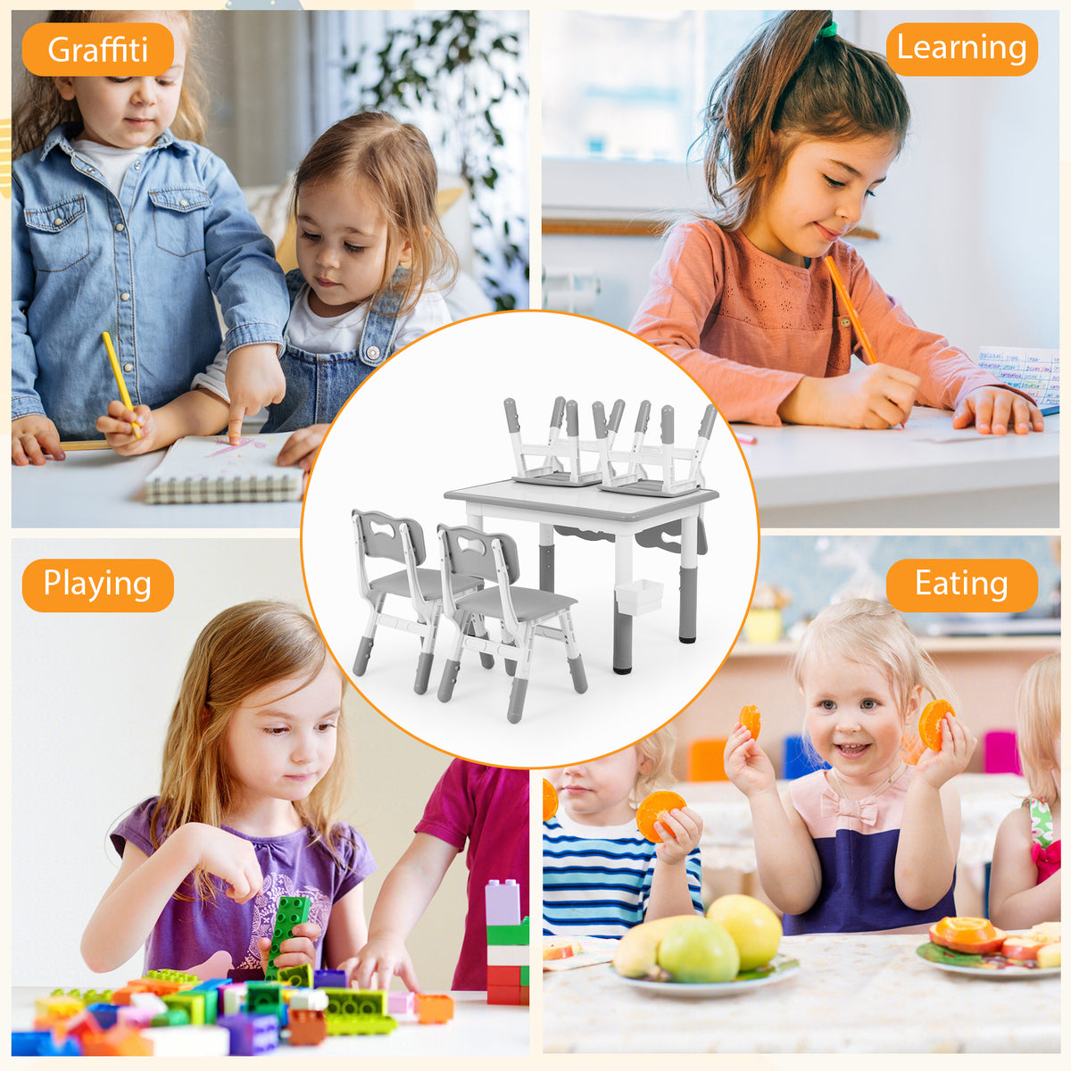 Grey Toddler Desk | Graffiti Top, 7-Level Height & 2 Baskets
