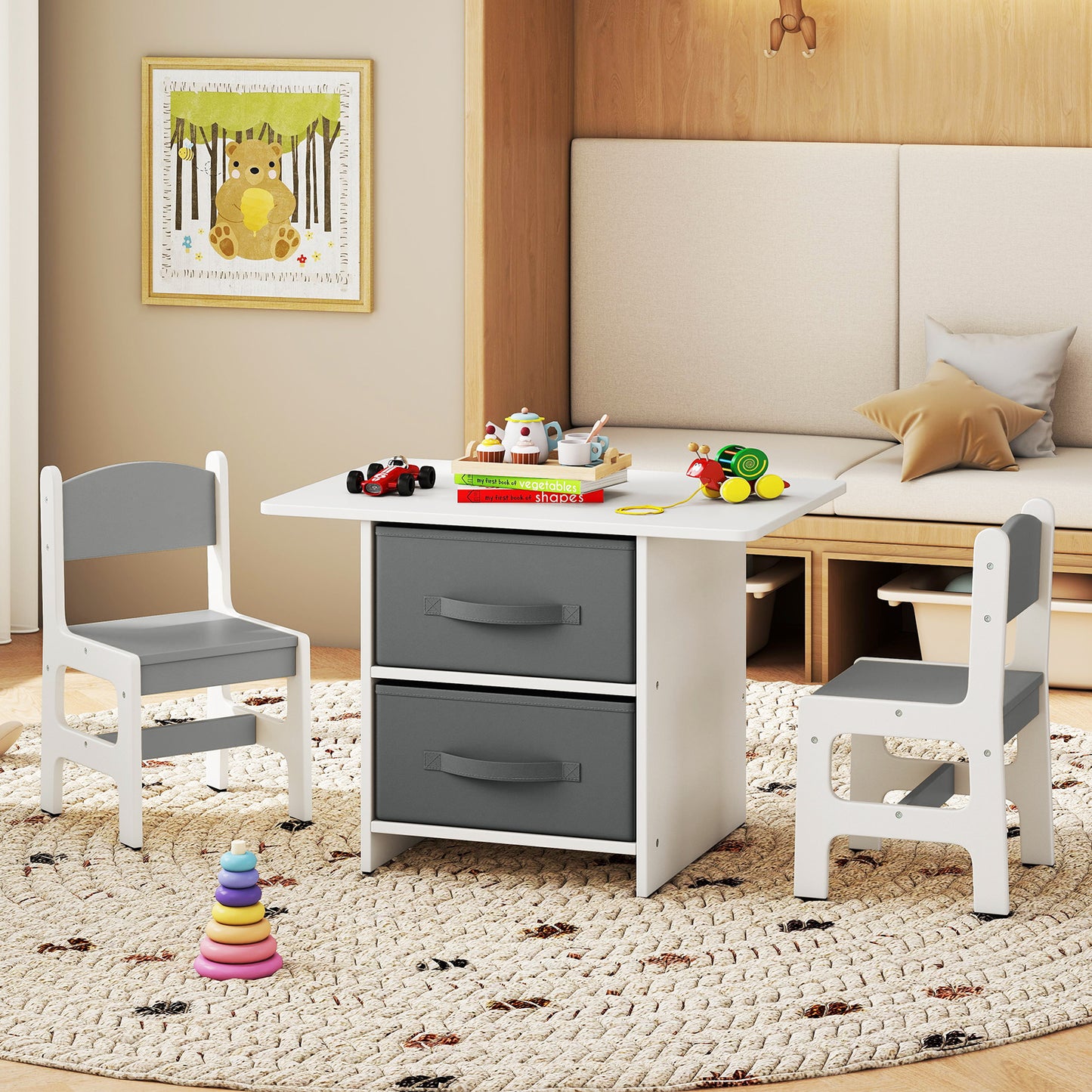 Kids Table and Chair Set Toddler Wooden Activity Table and 2 Chairs Set