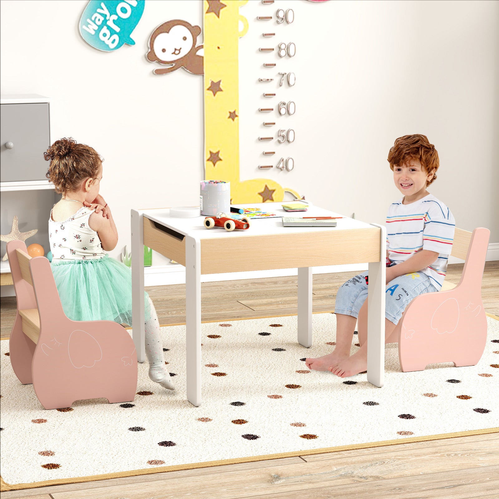 Costway Kids Activity Table and 2 Chairs Wooden for Studying Daycare-Pink