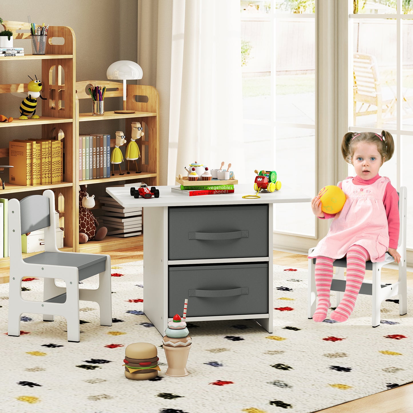 Kids Wooden Table 2 Chairs Set White Grey Storage Bins Puzzle