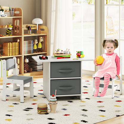 Kids Wooden Table 2 Chairs Set White Grey Storage Bins Puzzle