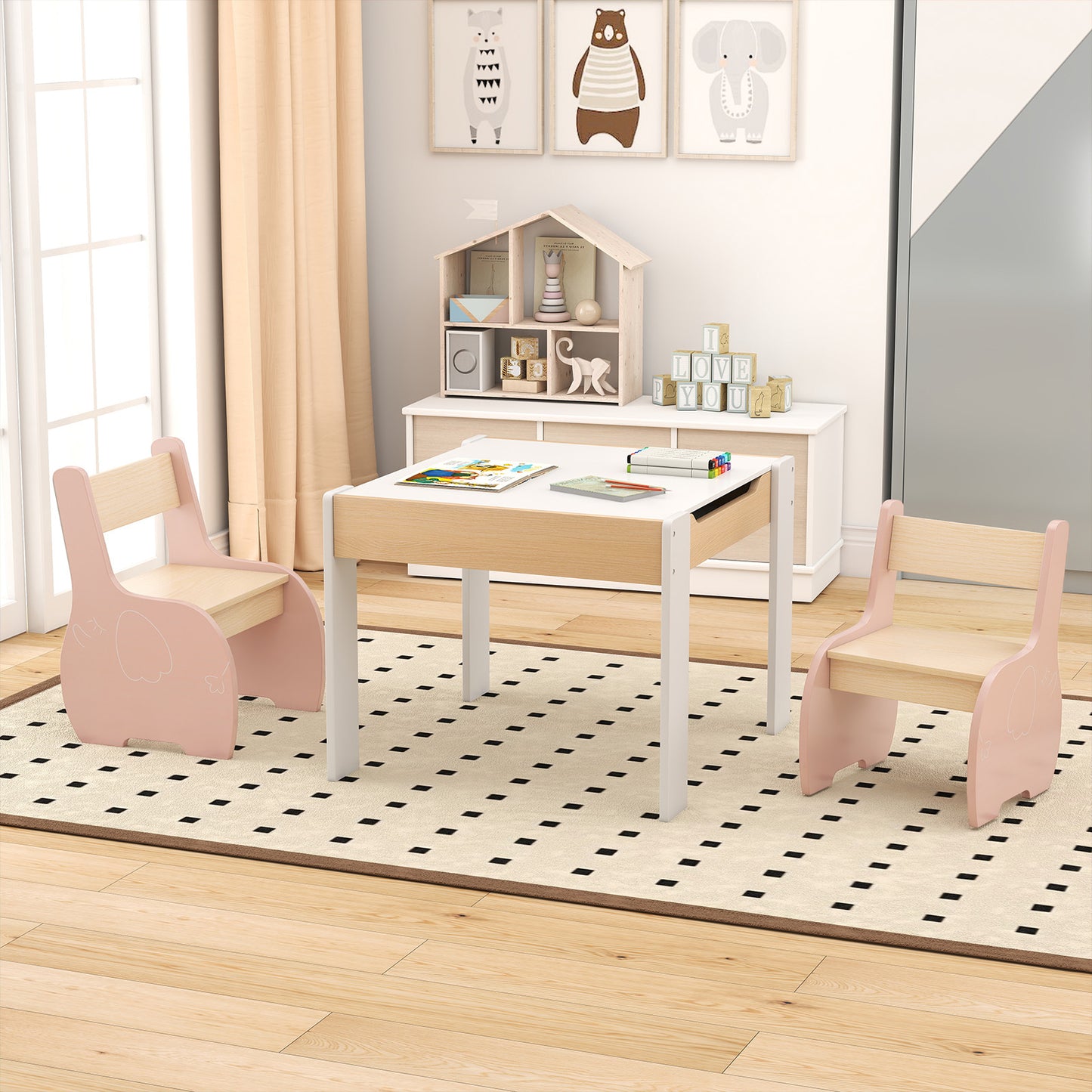 Kids Pink Activity Table & 2 Chairs Set | 4-in-1 Wooden Desk
