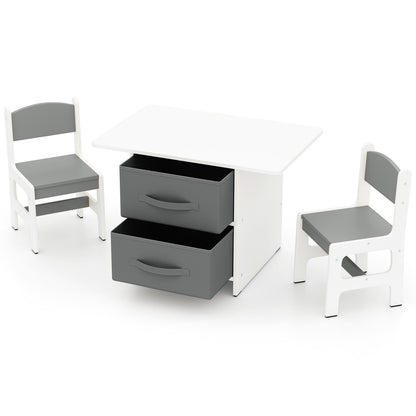 Kids Wooden Table 2 Chairs Set White Grey Storage Bins Puzzle
