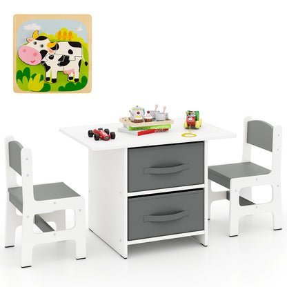 Kids Wooden Table 2 Chairs Set White Grey Storage Bins Puzzle