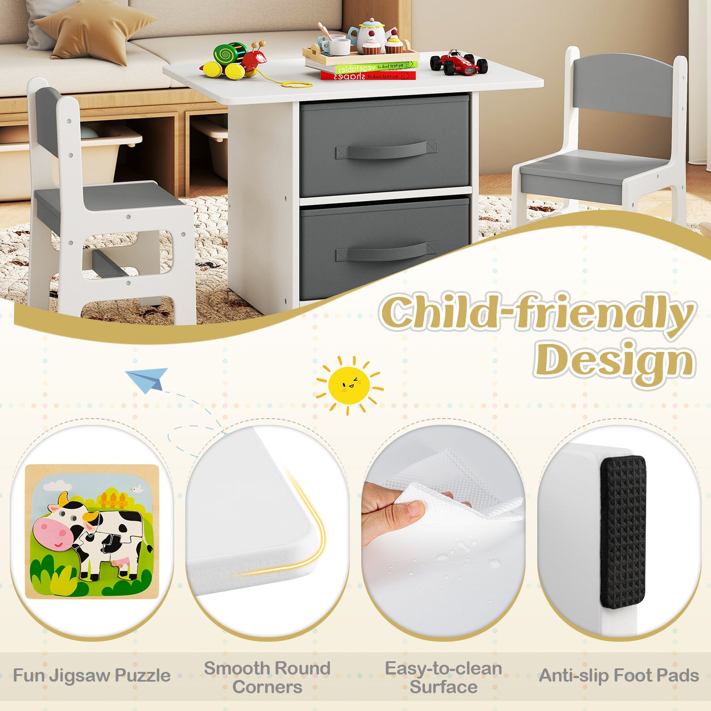 Kids Wooden Table 2 Chairs Set White Grey Storage Bins Puzzle