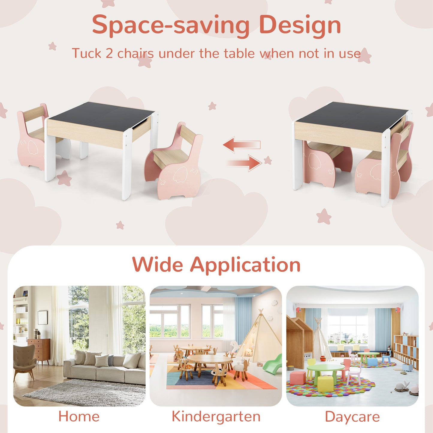 Kids Pink Activity Table & 2 Chairs Set | 4-in-1 Wooden Desk