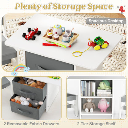 Kids Wooden Table 2 Chairs Set White Grey Storage Bins Puzzle