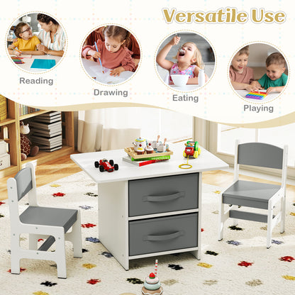 Kids Wooden Table 2 Chairs Set White Grey Storage Bins Puzzle