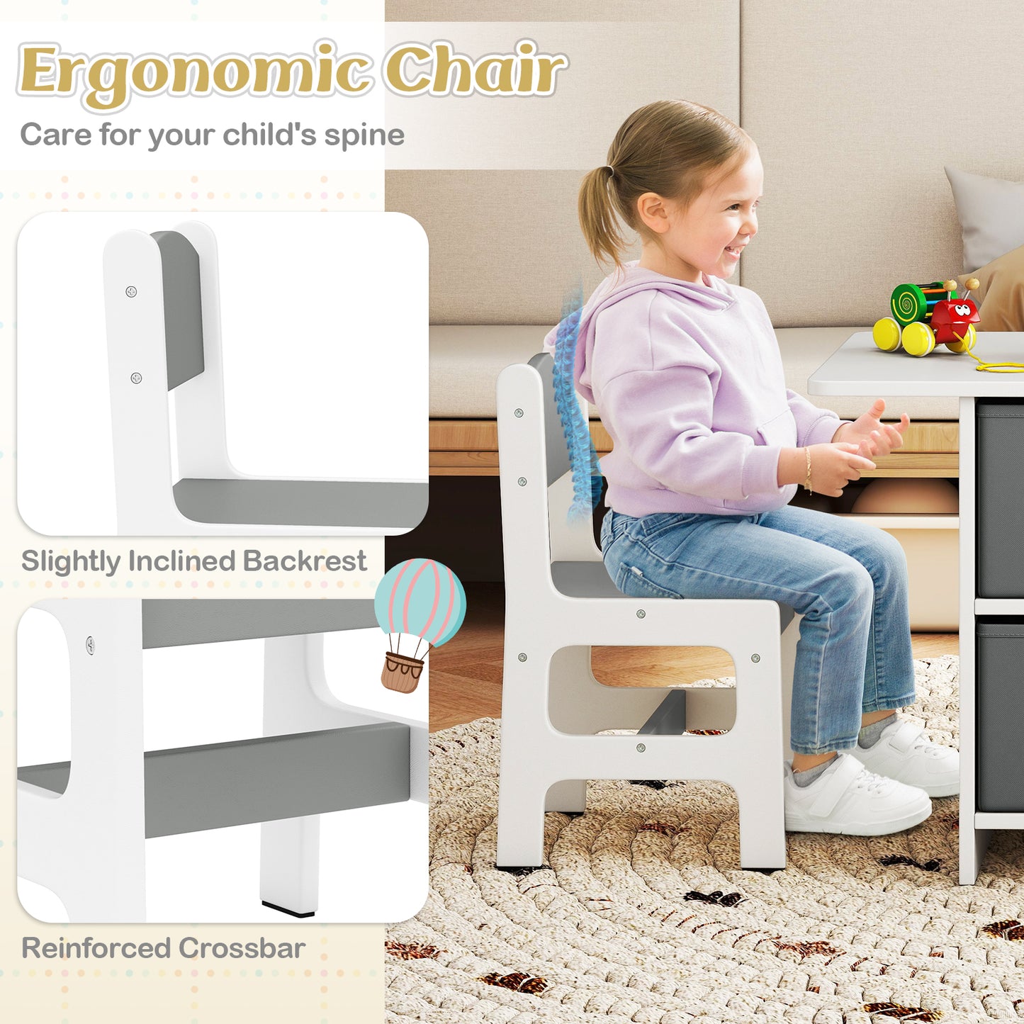 Kids Wooden Table 2 Chairs Set White Grey Storage Bins Puzzle