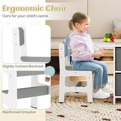 Kids Wooden Table 2 Chairs Set White Grey Storage Bins Puzzle
