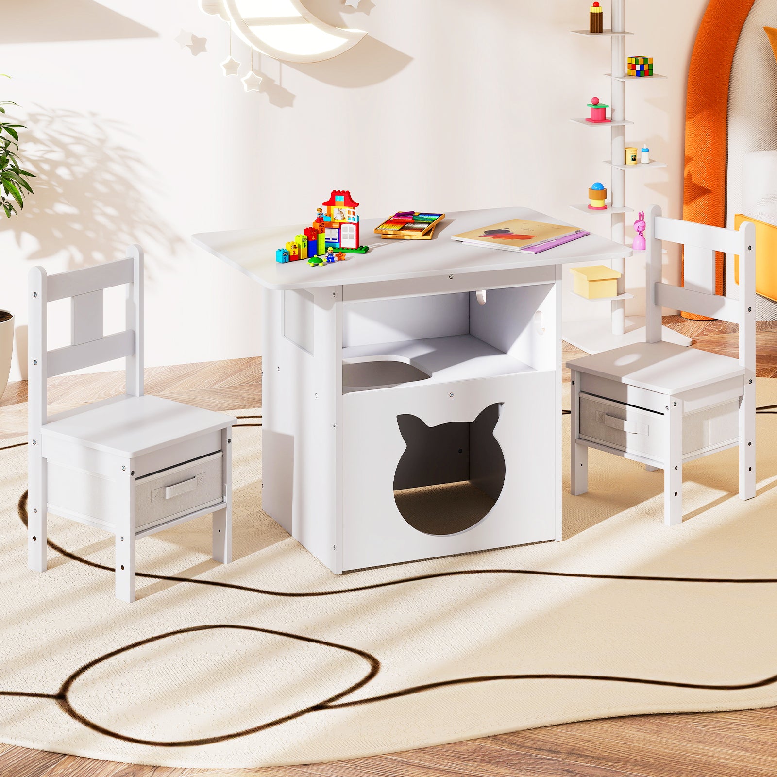 3 Pieces Wooden Kids Table and Chairs Set with Cat House and Storage Fabric Bins-White