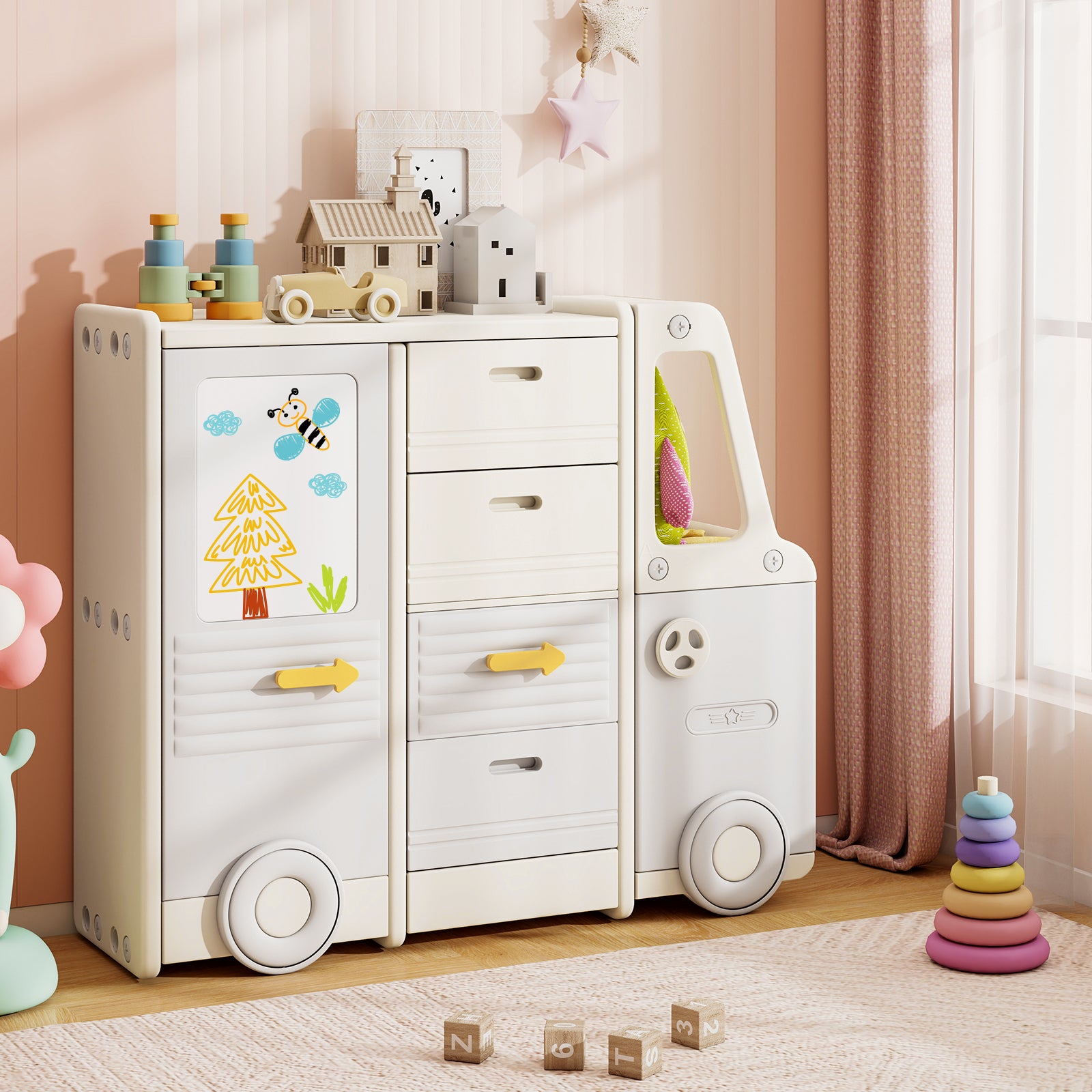 Kids Toy Storage Organizer with 4 Pull-out Drawers and Spacious Countertop-Grey