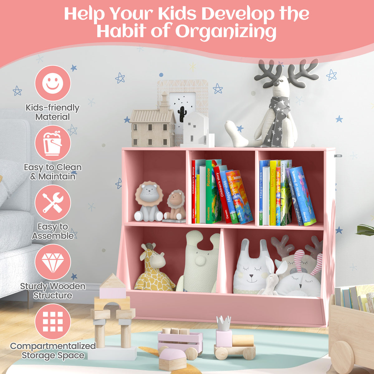 5 Cubby Kids Toy Storage Organizer with Footboard | Pink