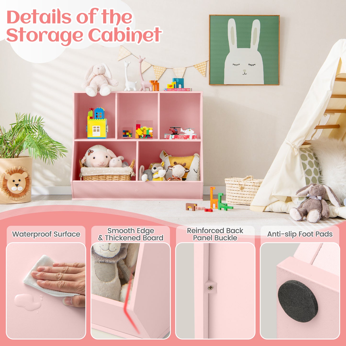 5 Cubby Kids Toy Storage Organizer with Footboard | Pink