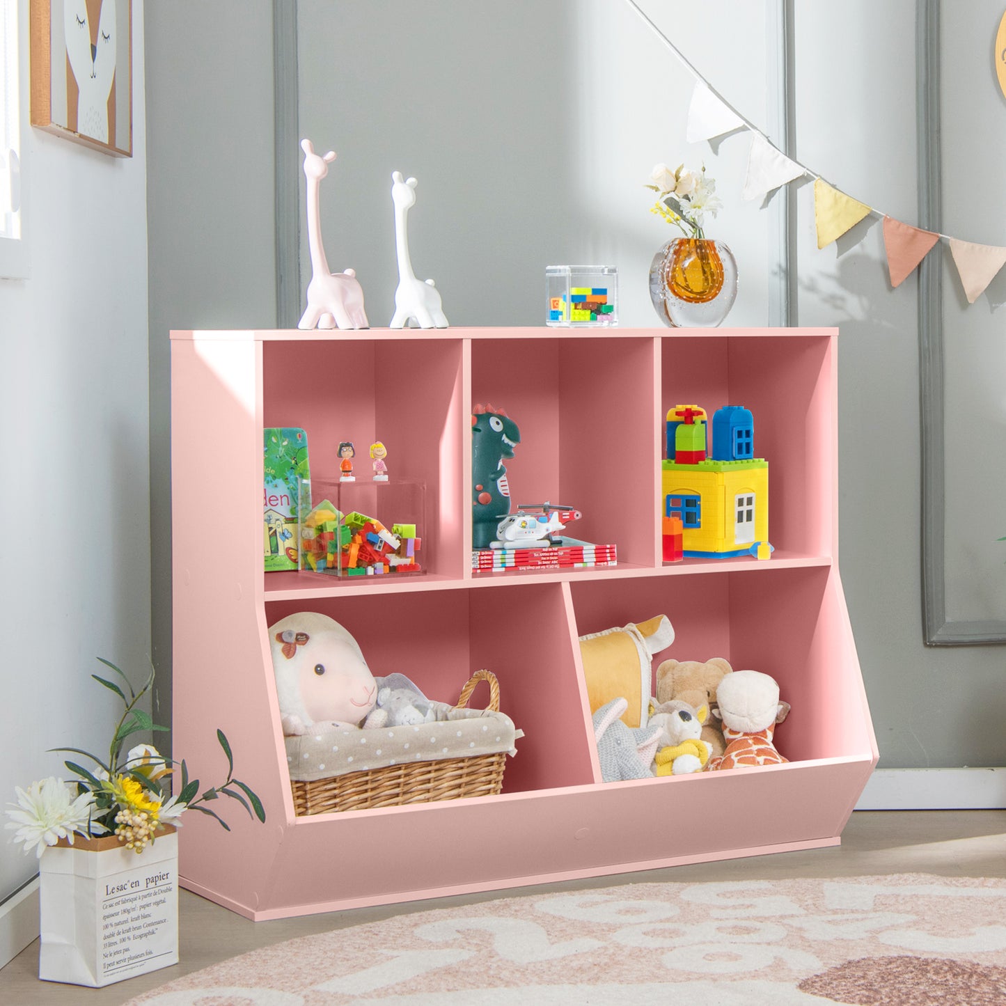 Costway 5-Cubby Kids Toy Storage Organizer with Footboard for Kids-Pink