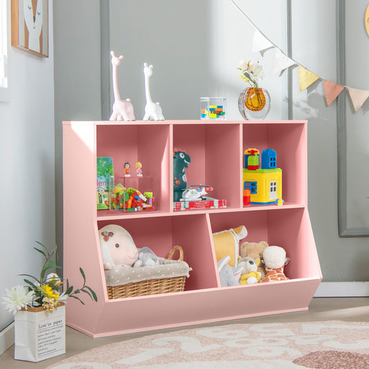 Costway 5-Cubby Kids Toy Storage Organizer with Footboard for Kids-Pink