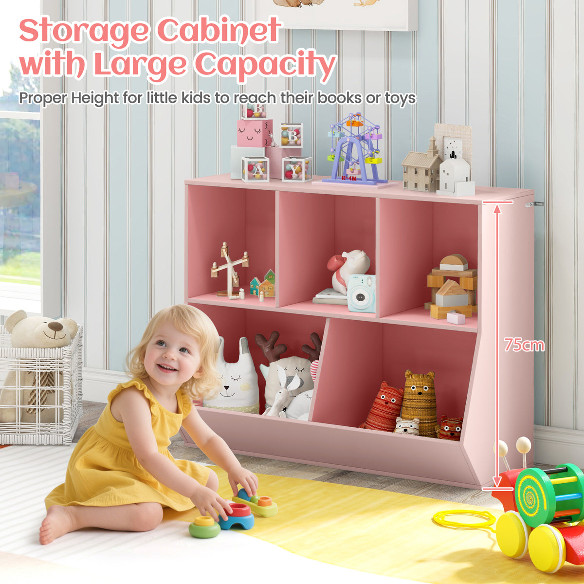 5 Cubby Kids Toy Storage Organizer with Footboard | Pink