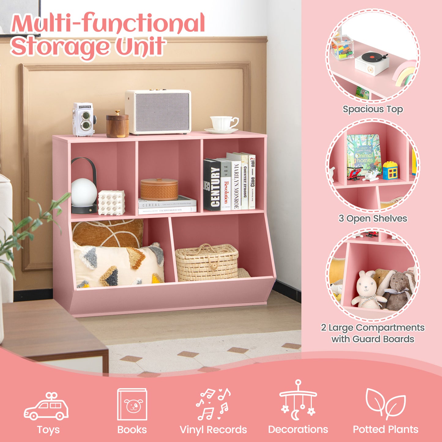 5 Cubby Kids Toy Storage Organizer with Footboard | Pink
