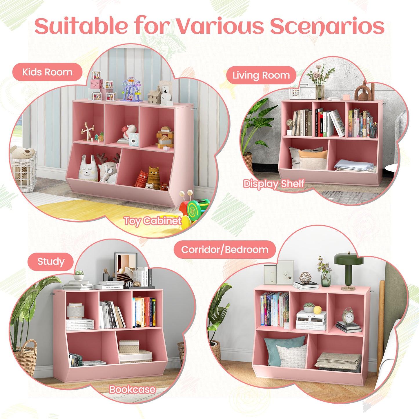 5 Cubby Kids Toy Storage Organizer with Footboard | Pink