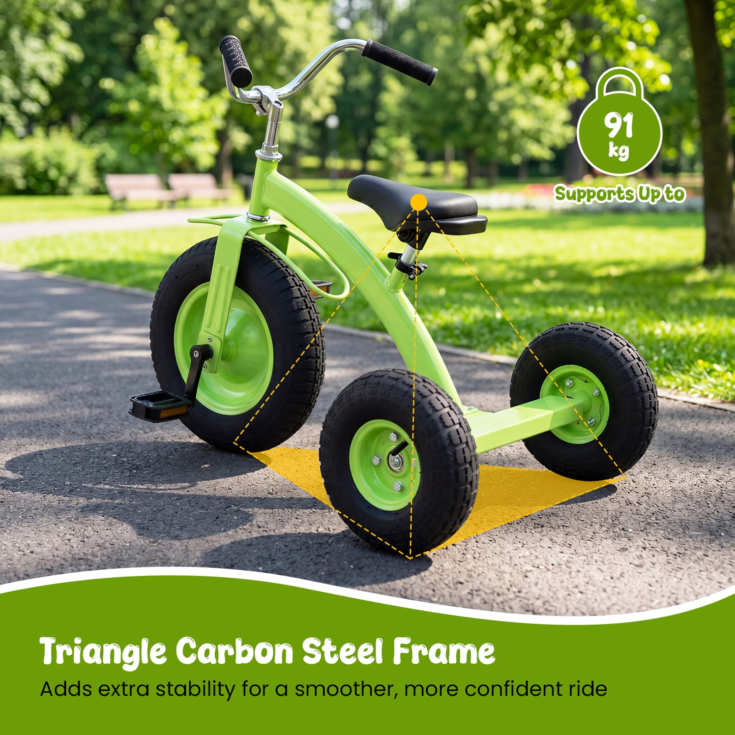 Green Kids Tricycle | Adjustable Seat & Inflatable Rubber Tires