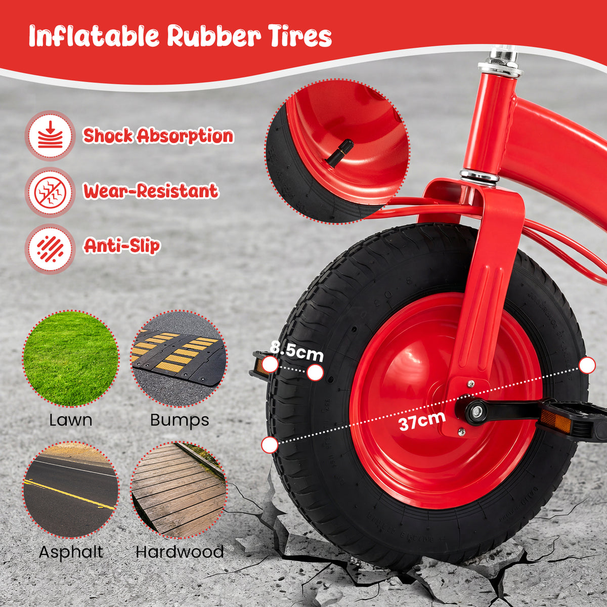 Red Kids Tricycle | Adjustable Seat & Inflatable Rubber Tires