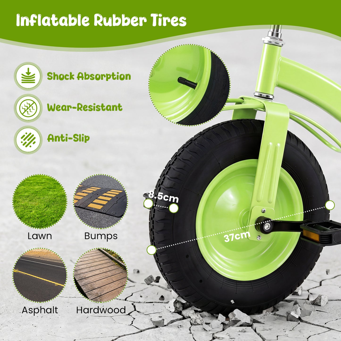 Green Kids Tricycle | Adjustable Seat & Inflatable Rubber Tires